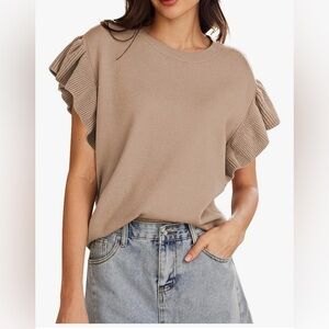 NEW Pink Queen Crew Neck Ruffle Edge Sleeves Knit Pullover Sweater Top S